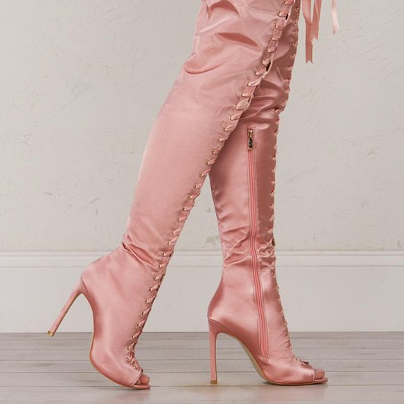 AKIRA Shoes Akira Pink Laceup Over The Knee Pink Satin Boots Size